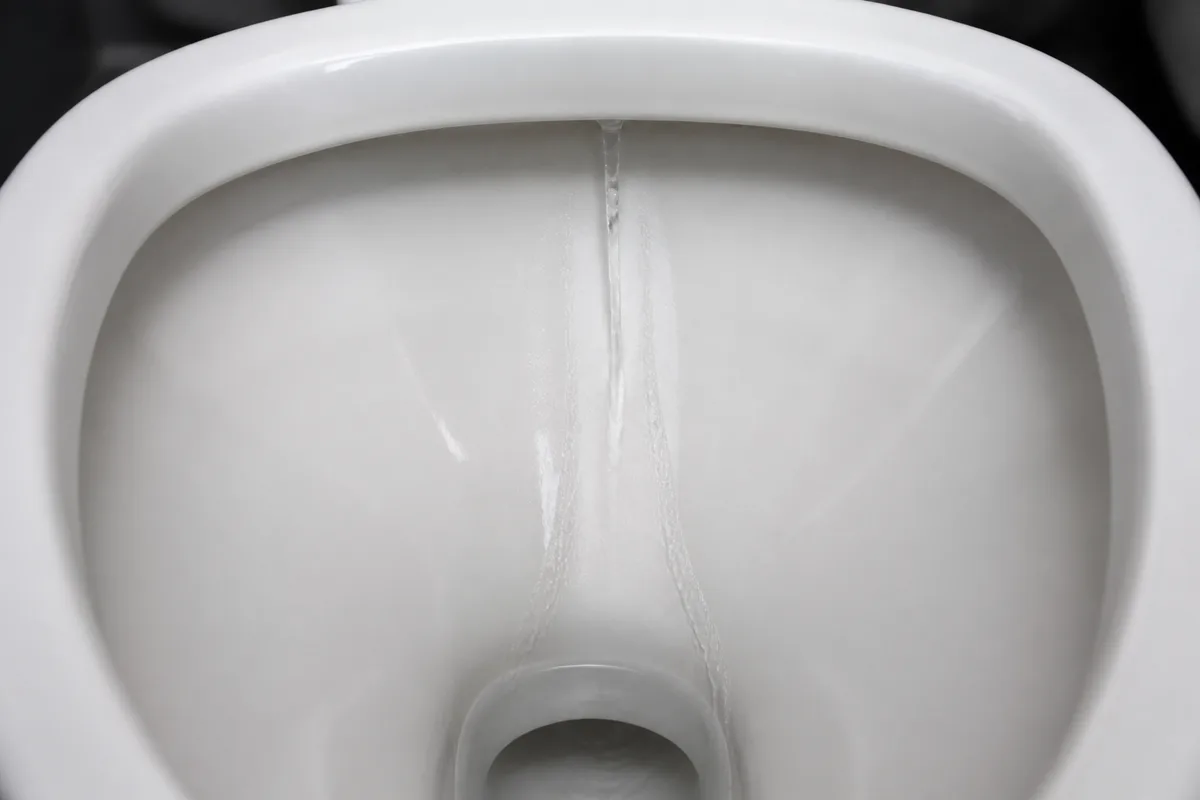 Gros plan sur un filet d&rsquo;eau ruisselant au fond d&rsquo;une cuvette en céramique blanche