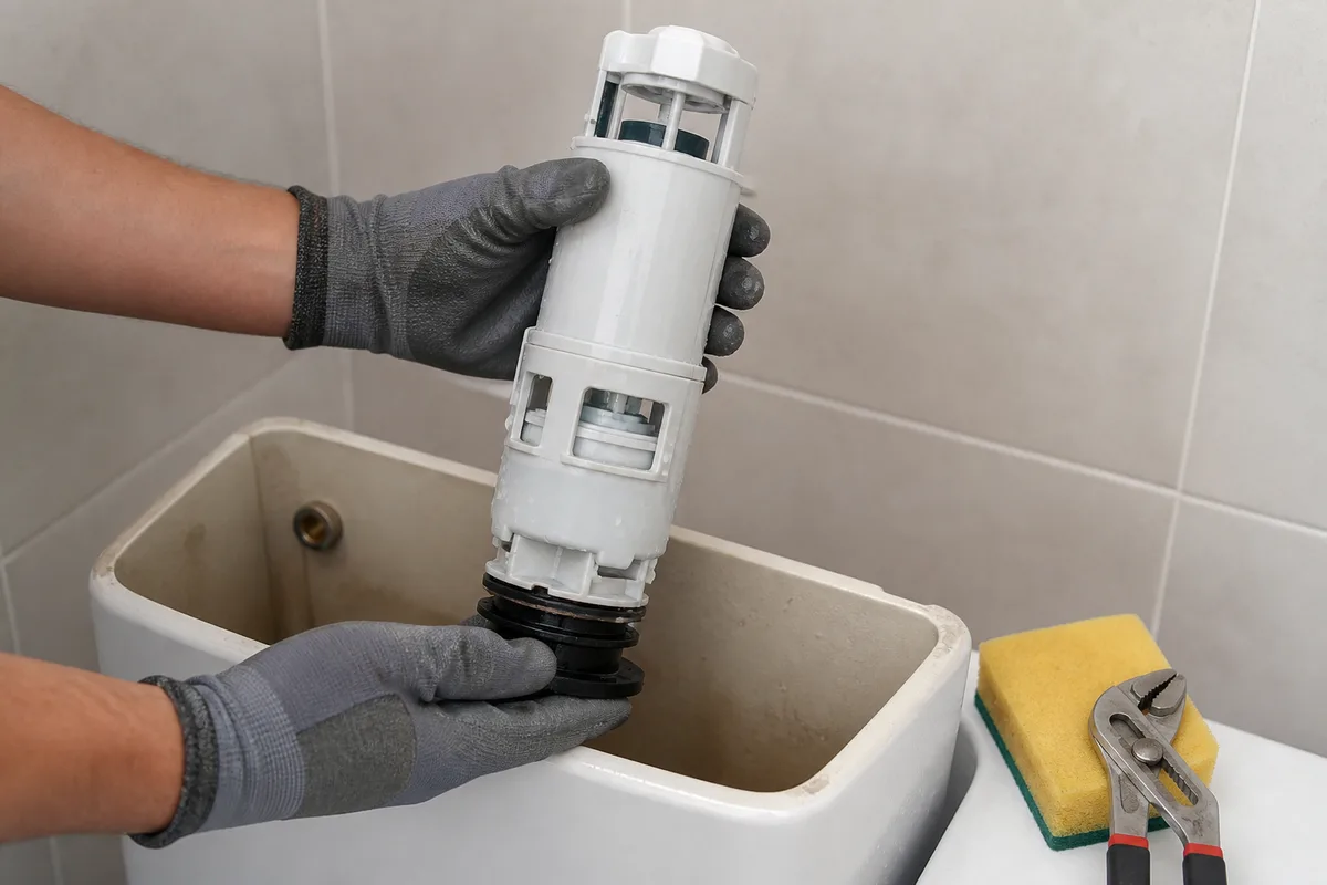 Mains gantées extrayant le mécanisme cylindrique d&rsquo;un réservoir de WC