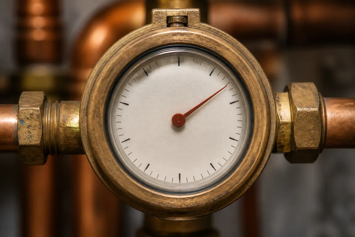 Cadran d&rsquo;un compteur d&rsquo;eau domestique en gros plan, aiguille de débit en mouvement