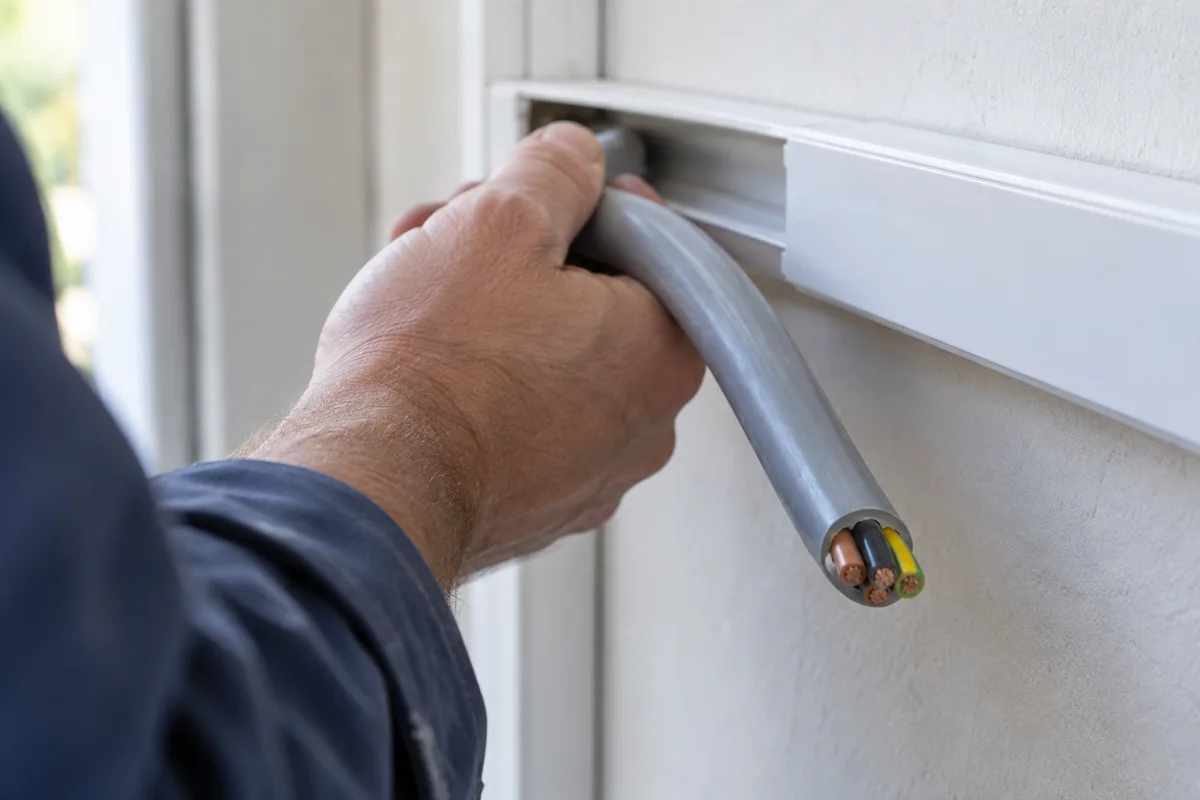 Main d&rsquo;un électricien tenant un câble électrique gris de forte section près d&rsquo;une goulotte blanche