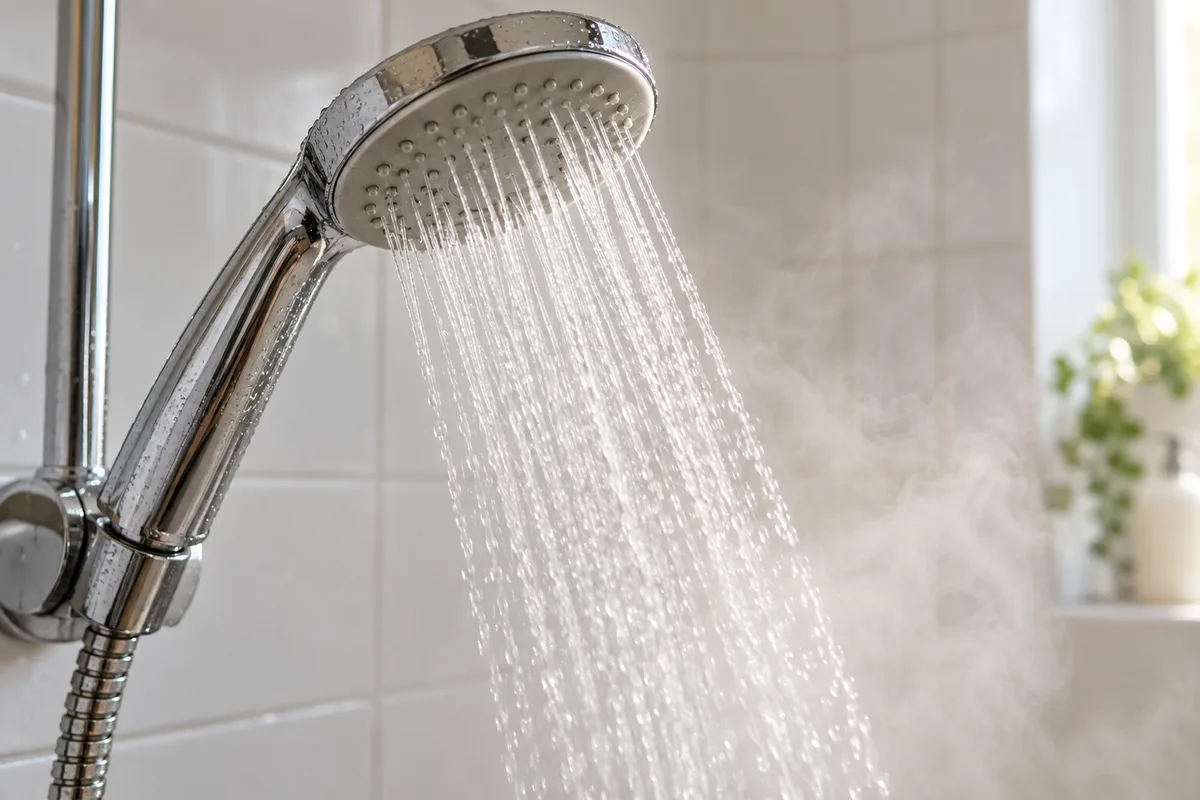Douchette chromée d&rsquo;où coule un jet d&rsquo;eau chaude avec un léger voile de vapeur