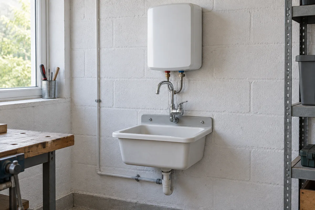 Chauffe-eau compact fixé au mur au-dessus d&rsquo;un petit lavabo d&rsquo;atelier en parpaings peints en blanc
