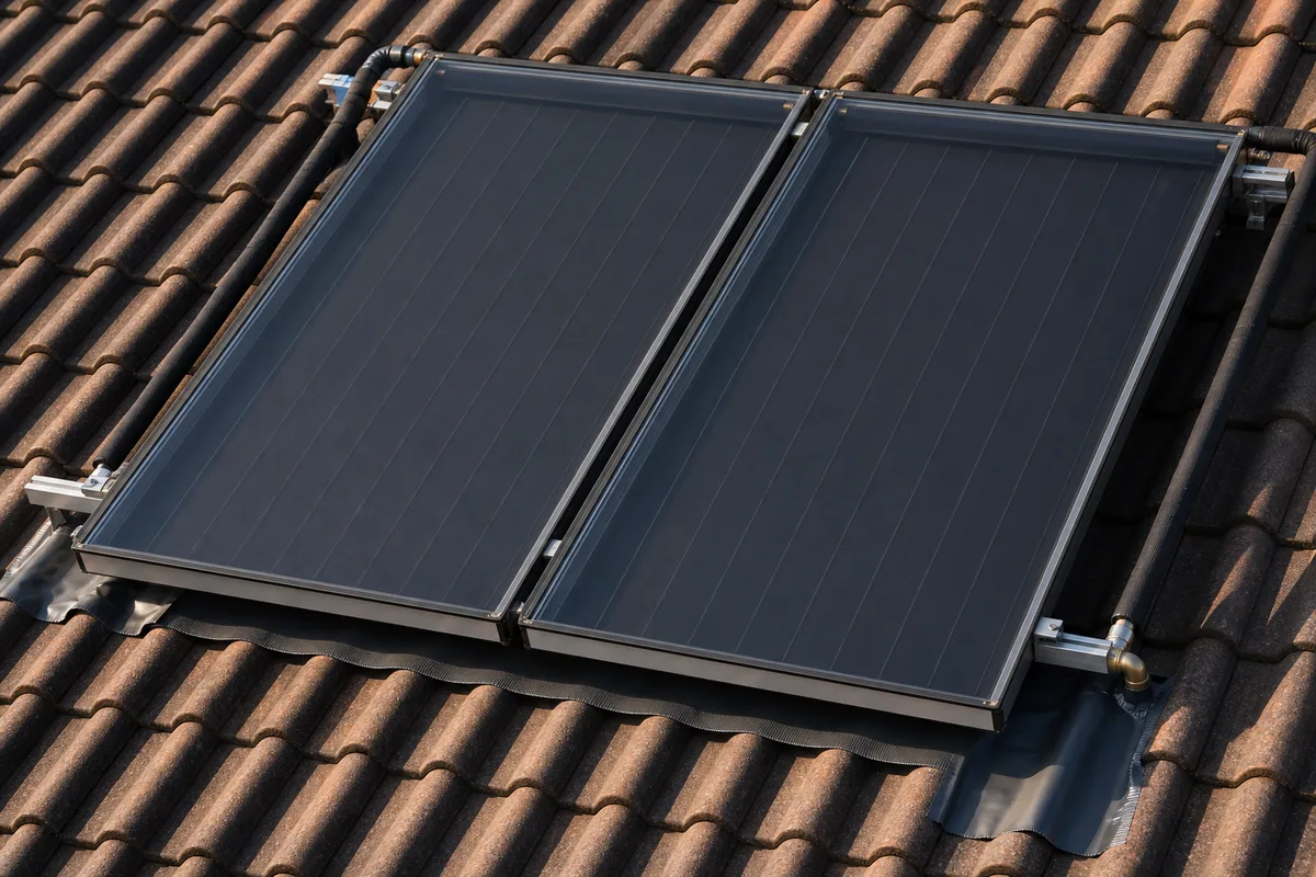 Capteurs solaires thermiques vitrés posés en toiture d&rsquo;une maison individuelle