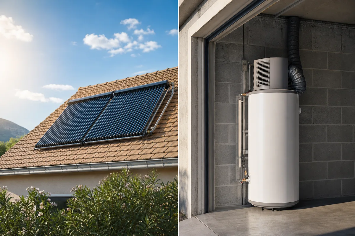 Comparaison visuelle entre capteurs solaires en toiture et chauffe-eau thermodynamique en garage