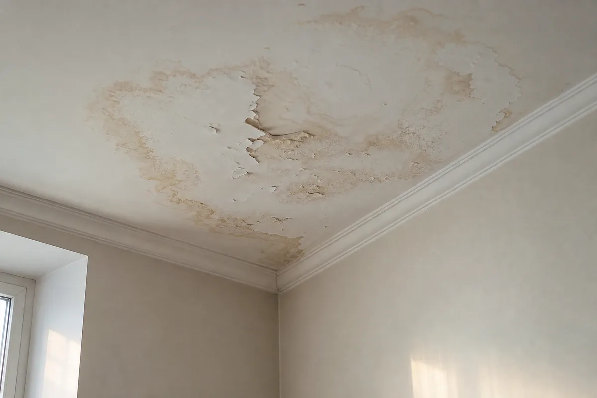 Trace d&rsquo;infiltration au plafond d&rsquo;un logement loué après une fuite