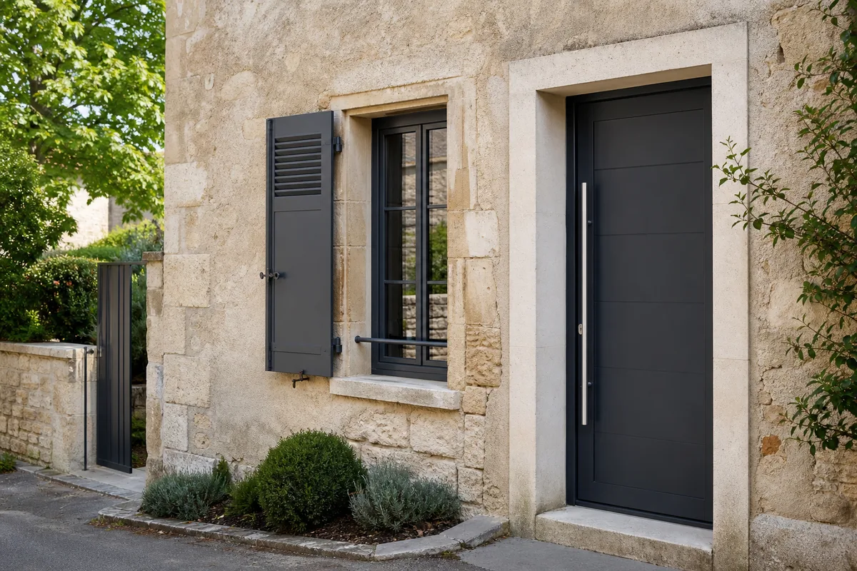 Porte d&rsquo;entrée aluminium anthracite posée en rénovation sur une maison ancienne
