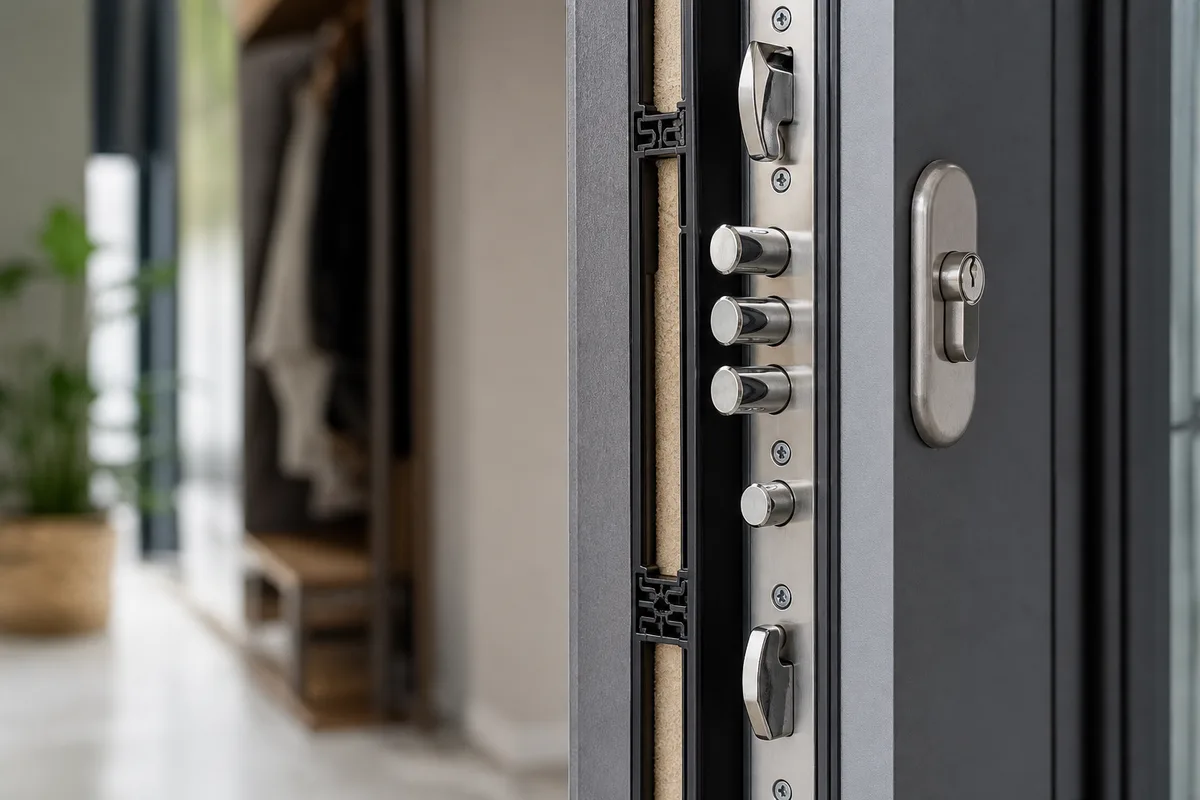 Détail d&rsquo;une serrure multipoints sur porte d&rsquo;entrée en aluminium