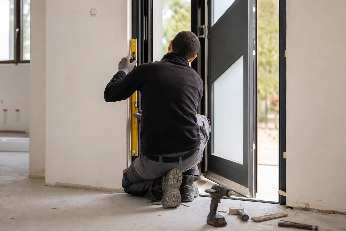 Artisan menuisier ajustant une porte d&rsquo;entrée aluminium sur son dormant