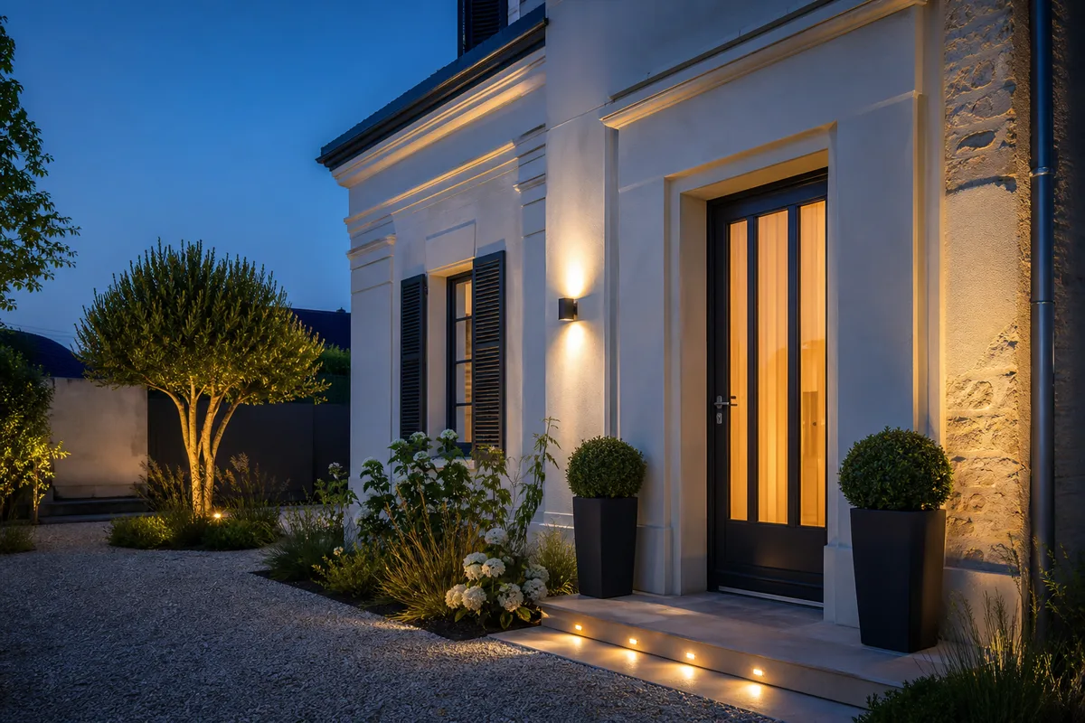 Façade de maison rénovée avec porte d&rsquo;entrée aluminium vitrée toute hauteur
