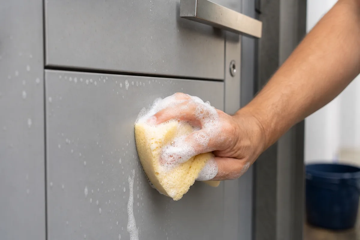 Personne nettoyant une porte d&rsquo;entrée aluminium avec une éponge et de l&rsquo;eau savonneuse