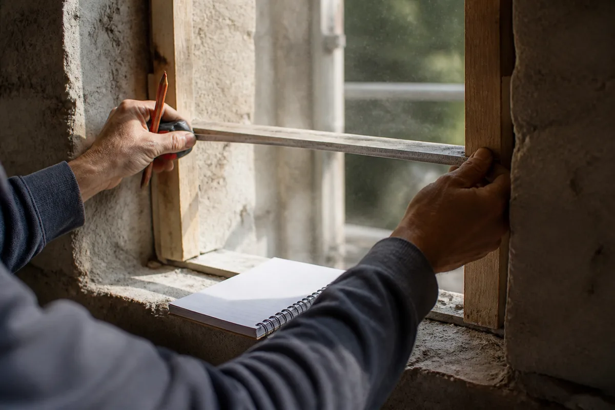 Artisan relevant les cotes d&rsquo;une baie sur une maison en rénovation