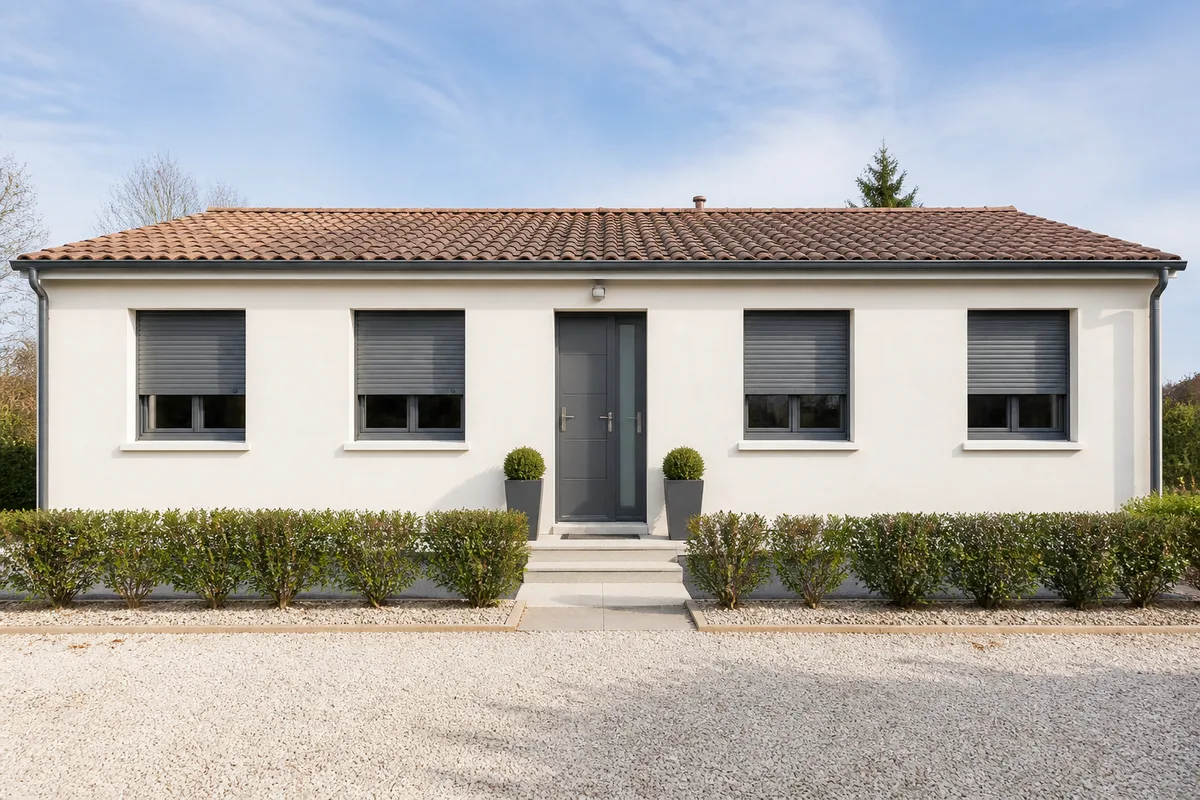 Façade de maison rénovée avec fenêtres neuves et volets roulants baissés