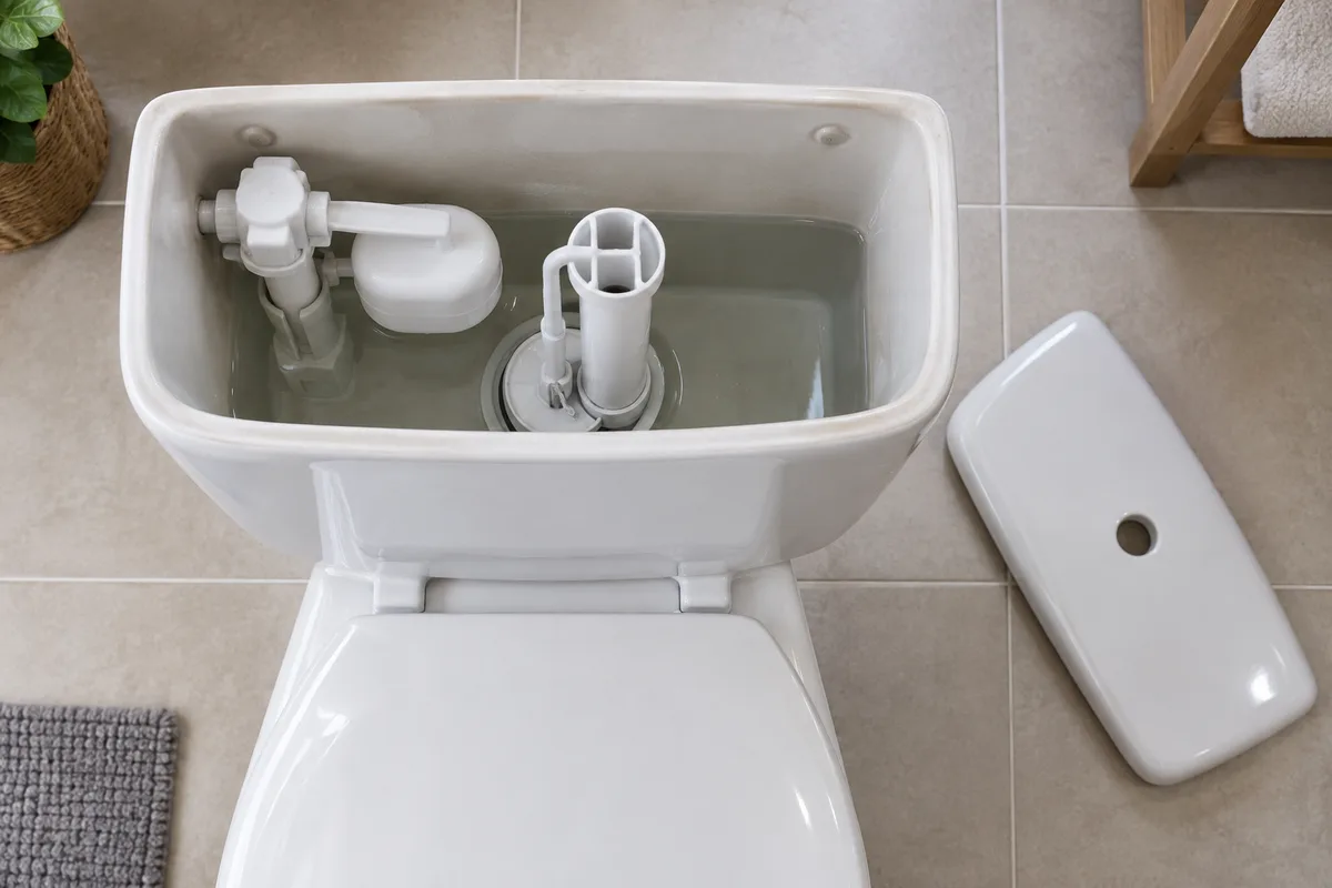 Réservoir de WC ouvert, couvercle posé à côté, mécanisme de chasse et flotteur visibles