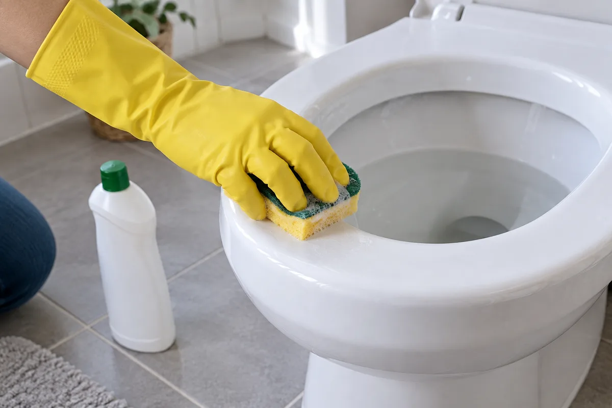 Main gantée nettoyant à l’éponge le rebord lisse d’une cuvette de WC sans bride